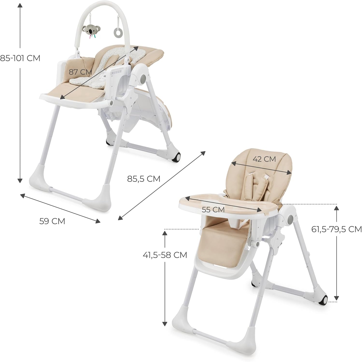 Kinderkraft TUMMIE Chaise Haute Bébé 2 en 1 Inclinable avec Jouets – Beige
