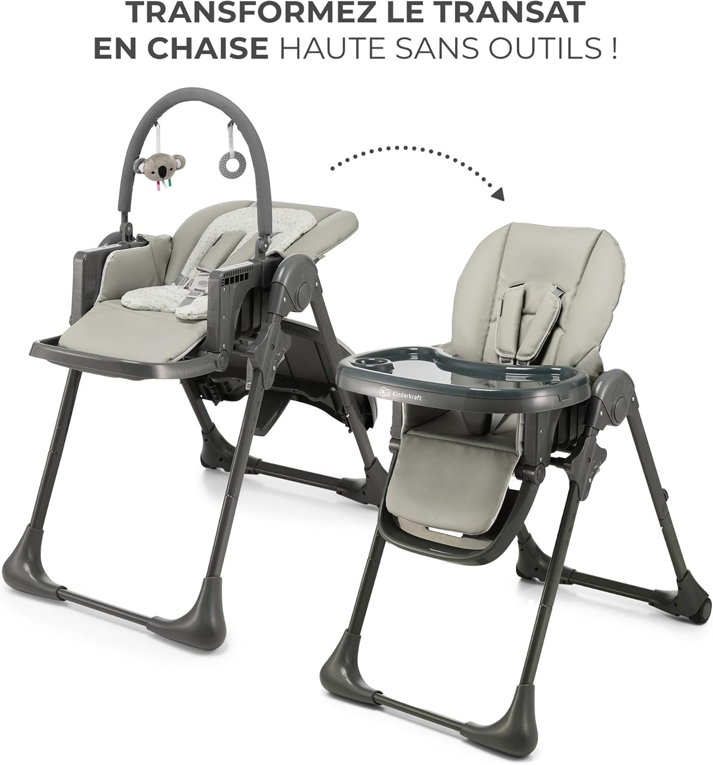 Kinderkraft TUMMIE Chaise Haute Bébé 2 en 1 Inclinable avec Jouets – Beige