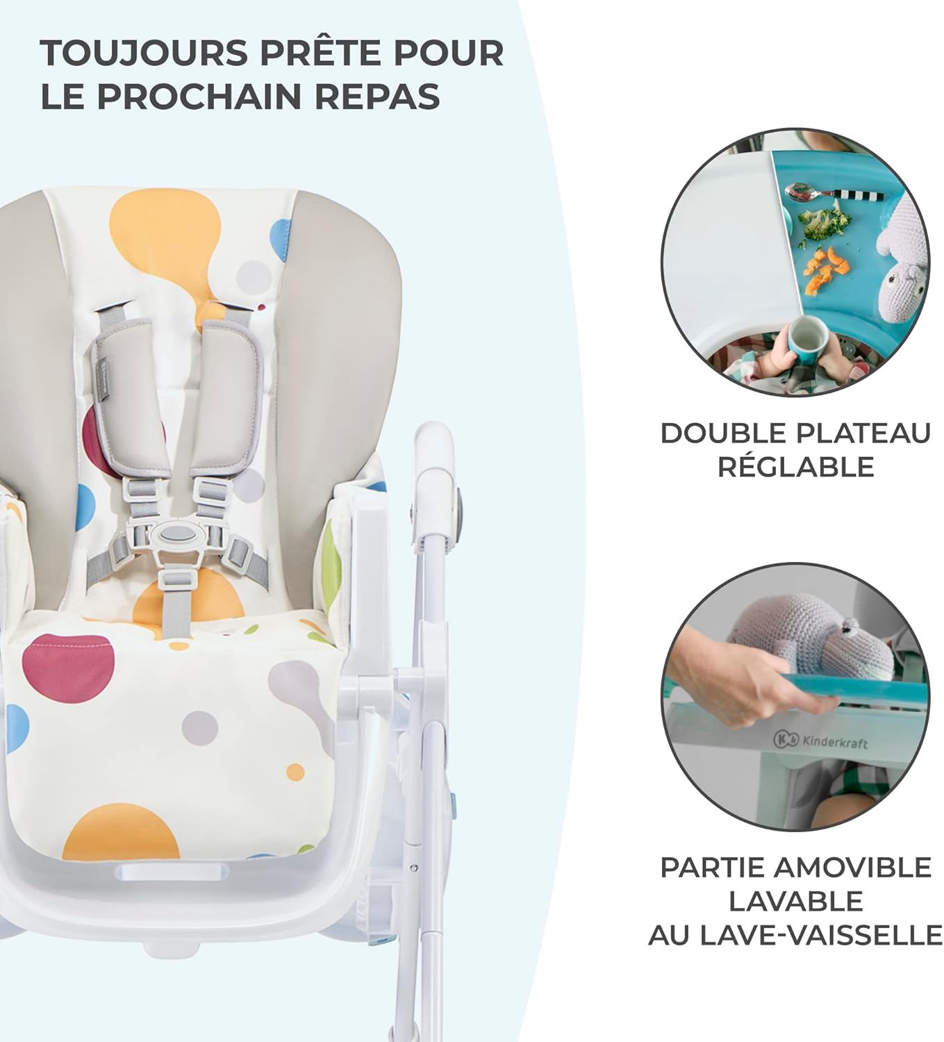 Kinderkraft YUMMY Chaise Haute Bébé Réglable avec Plateau et Repose-Pieds – Gris, jusqu’à 15 kg