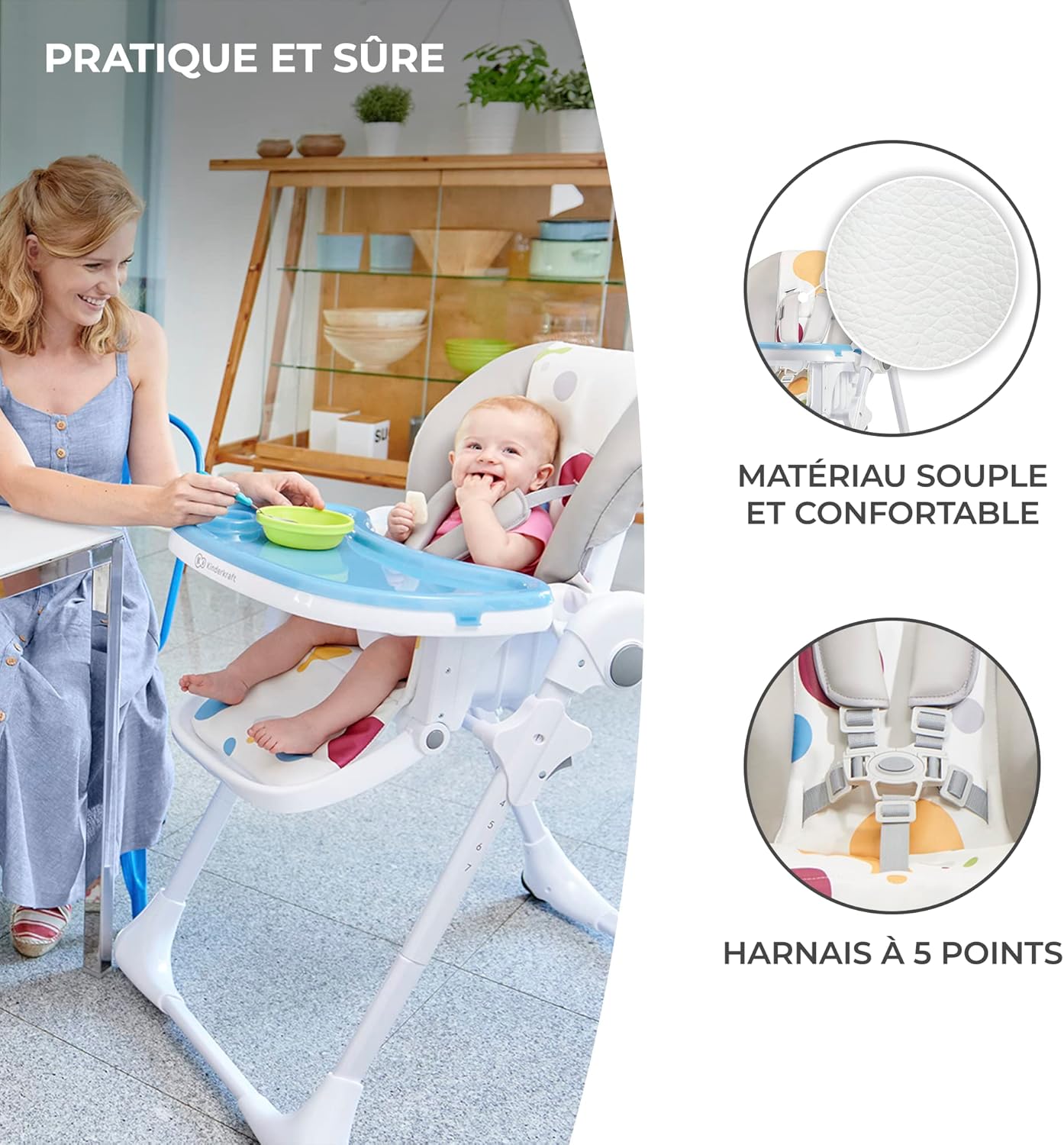 Kinderkraft YUMMY Chaise Haute Bébé Réglable avec Plateau et Repose-Pieds – Gris, jusqu’à 15 kg