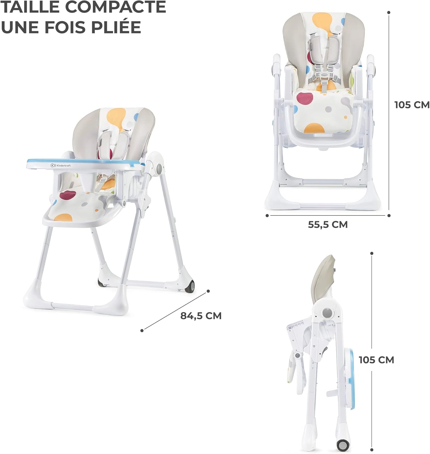Kinderkraft YUMMY Chaise Haute Bébé Réglable avec Plateau et Repose-Pieds – Gris, jusqu’à 15 kg