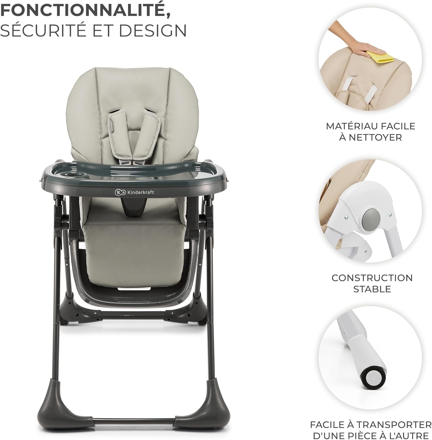 Kinderkraft TUMMIE Chaise Haute Bébé 2 en 1 Inclinable avec Jouets – Beige