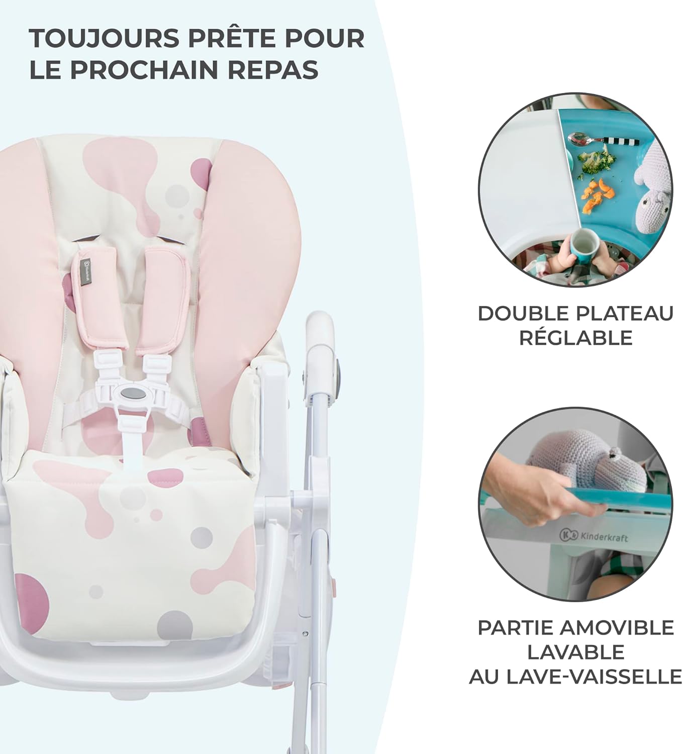 Kinderkraft YUMMY Chaise Haute Bébé Réglable avec Plateau et Repose-Pieds – Gris, jusqu’à 15 kg