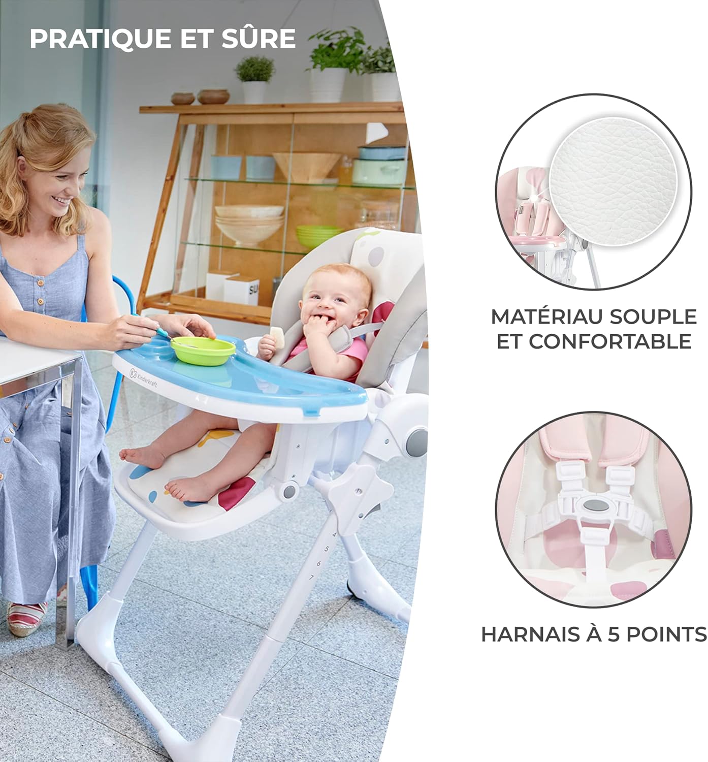 Kinderkraft YUMMY Chaise Haute Bébé Réglable avec Plateau et Repose-Pieds – Gris, jusqu’à 15 kg