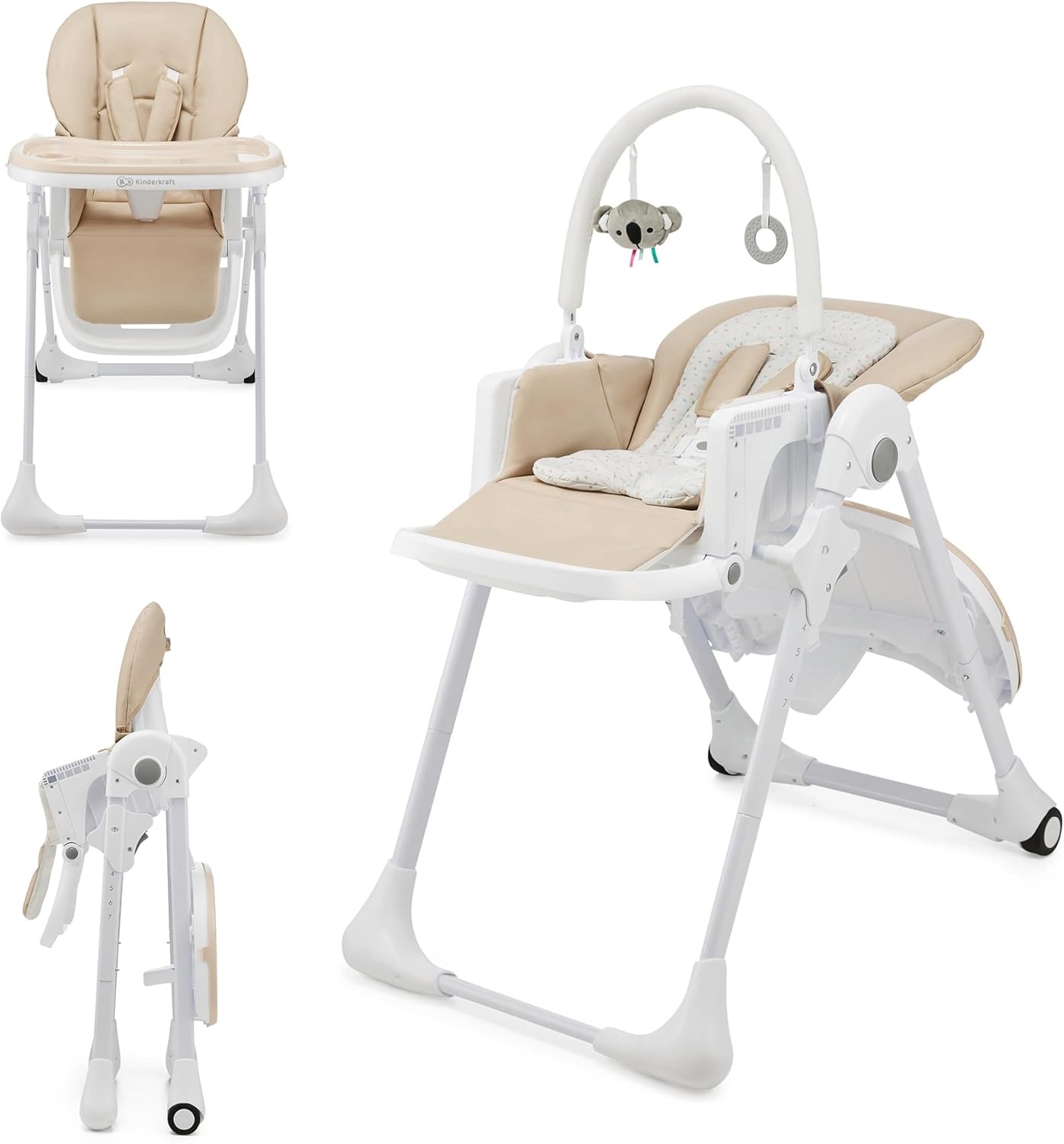 Kinderkraft TUMMIE Chaise Haute Bébé 2 en 1 Inclinable avec Jouets – Beige