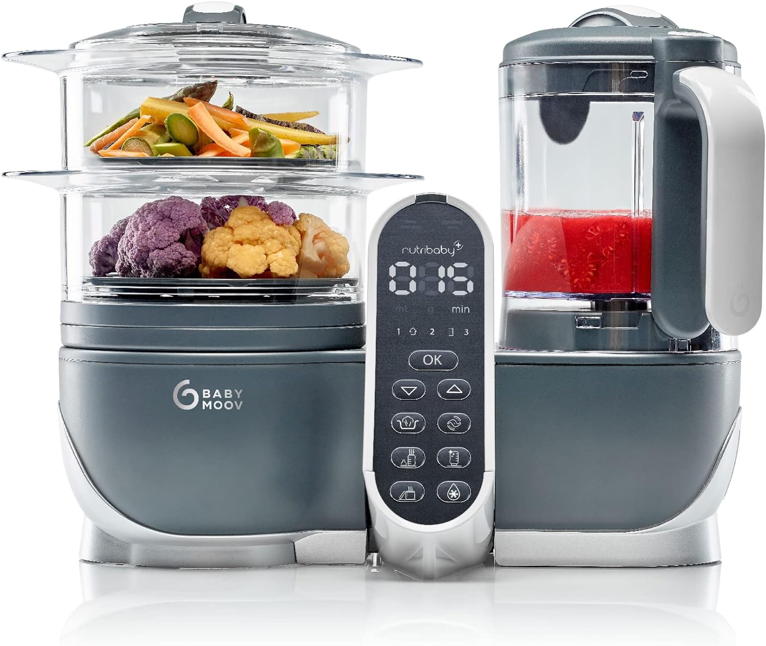 Babymoov Nutribaby(+) Robot Cuiseur Bébé 6 en 1 – 2,2L, Vapeur & Mixeur – Gris