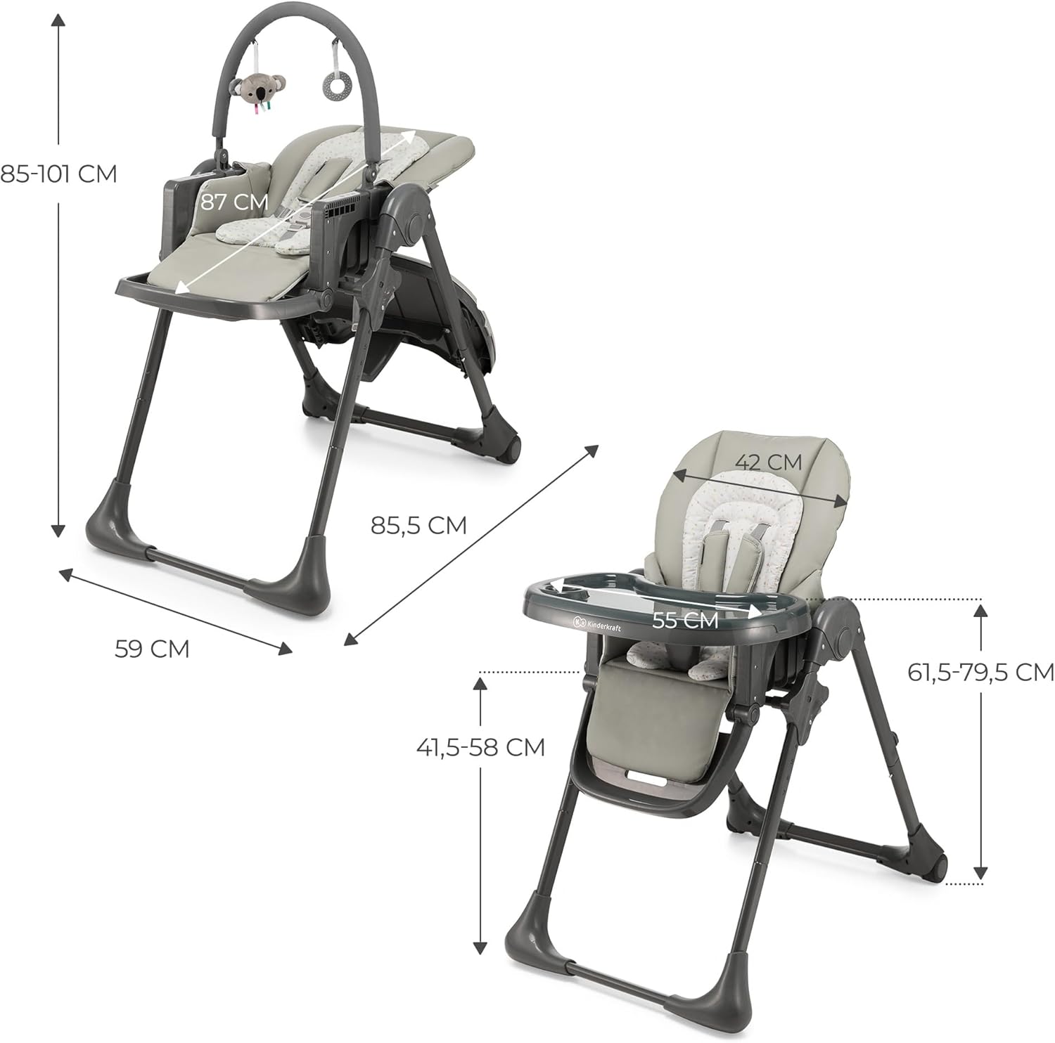 Kinderkraft TUMMIE Chaise Haute Bébé 2 en 1 Inclinable avec Jouets – Beige