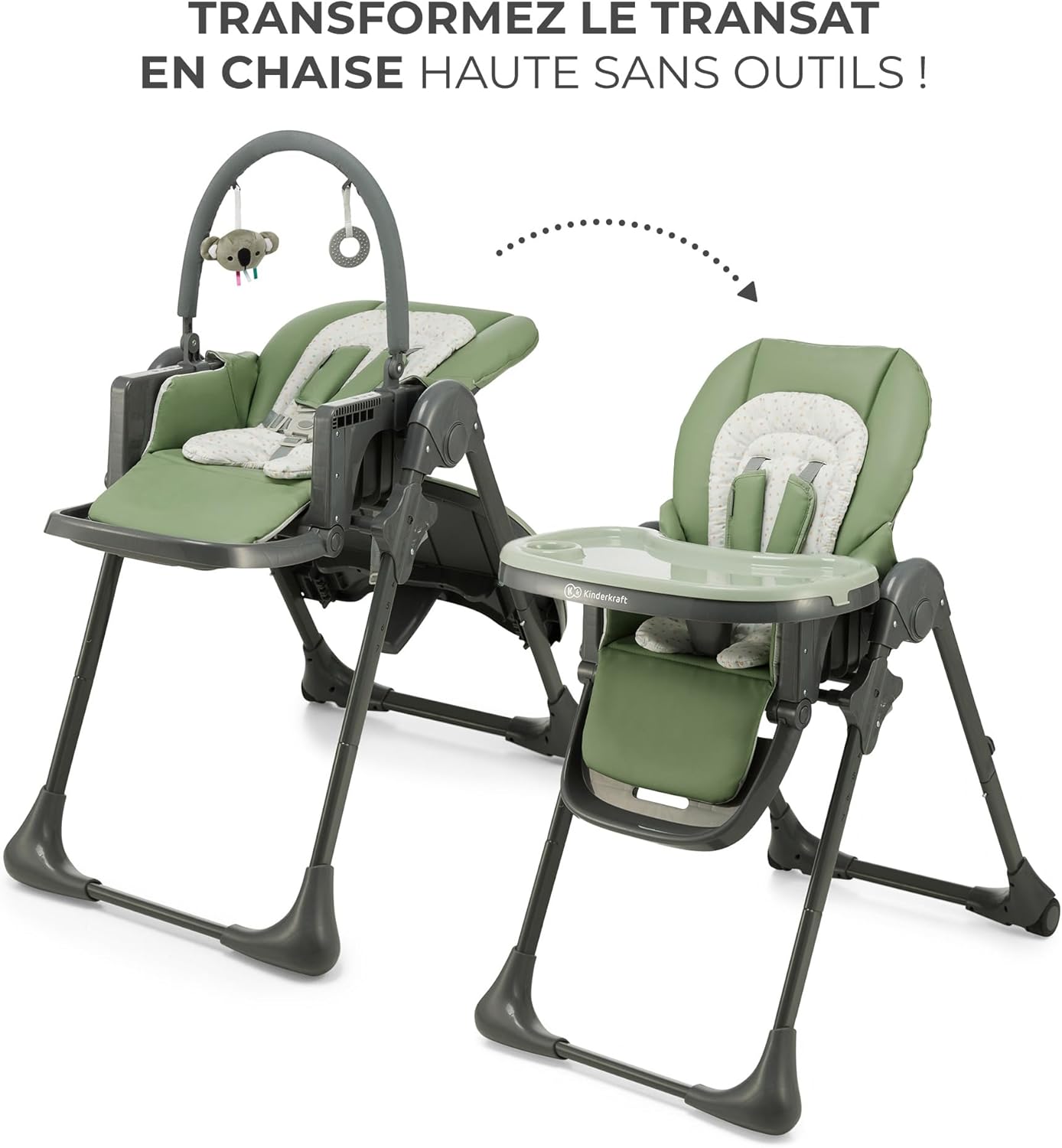 Kinderkraft TUMMIE Chaise Haute Bébé 2 en 1 Inclinable avec Jouets – Beige