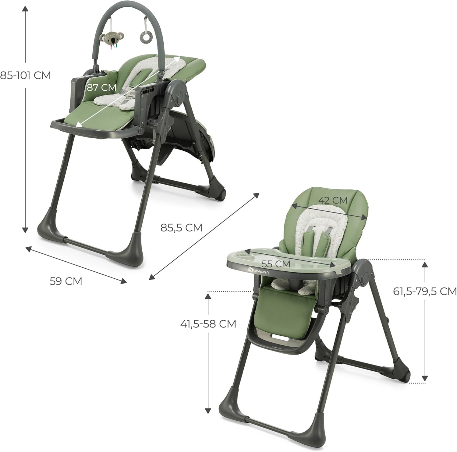 Kinderkraft TUMMIE Chaise Haute Bébé 2 en 1 Inclinable avec Jouets – Beige