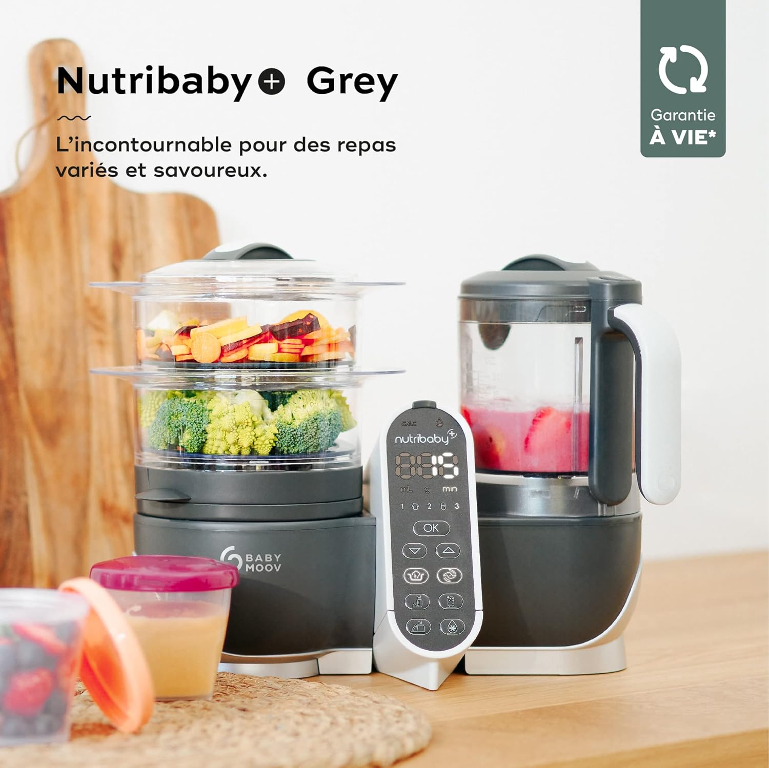 Babymoov Nutribaby(+) Robot Cuiseur Bébé 6 en 1 – 2,2L, Vapeur & Mixeur – Gris