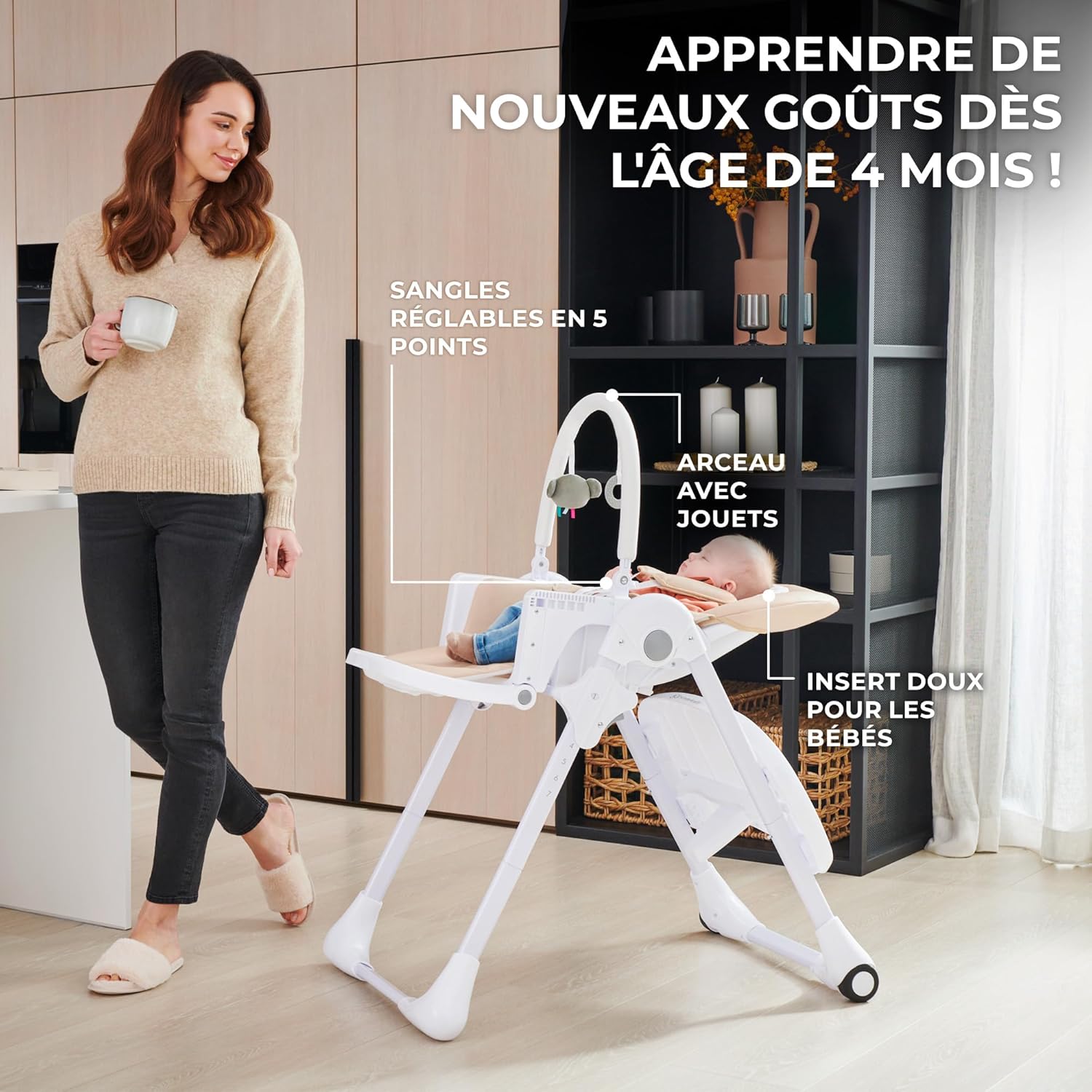 Kinderkraft TUMMIE Chaise Haute Bébé 2 en 1 Inclinable avec Jouets – Beige
