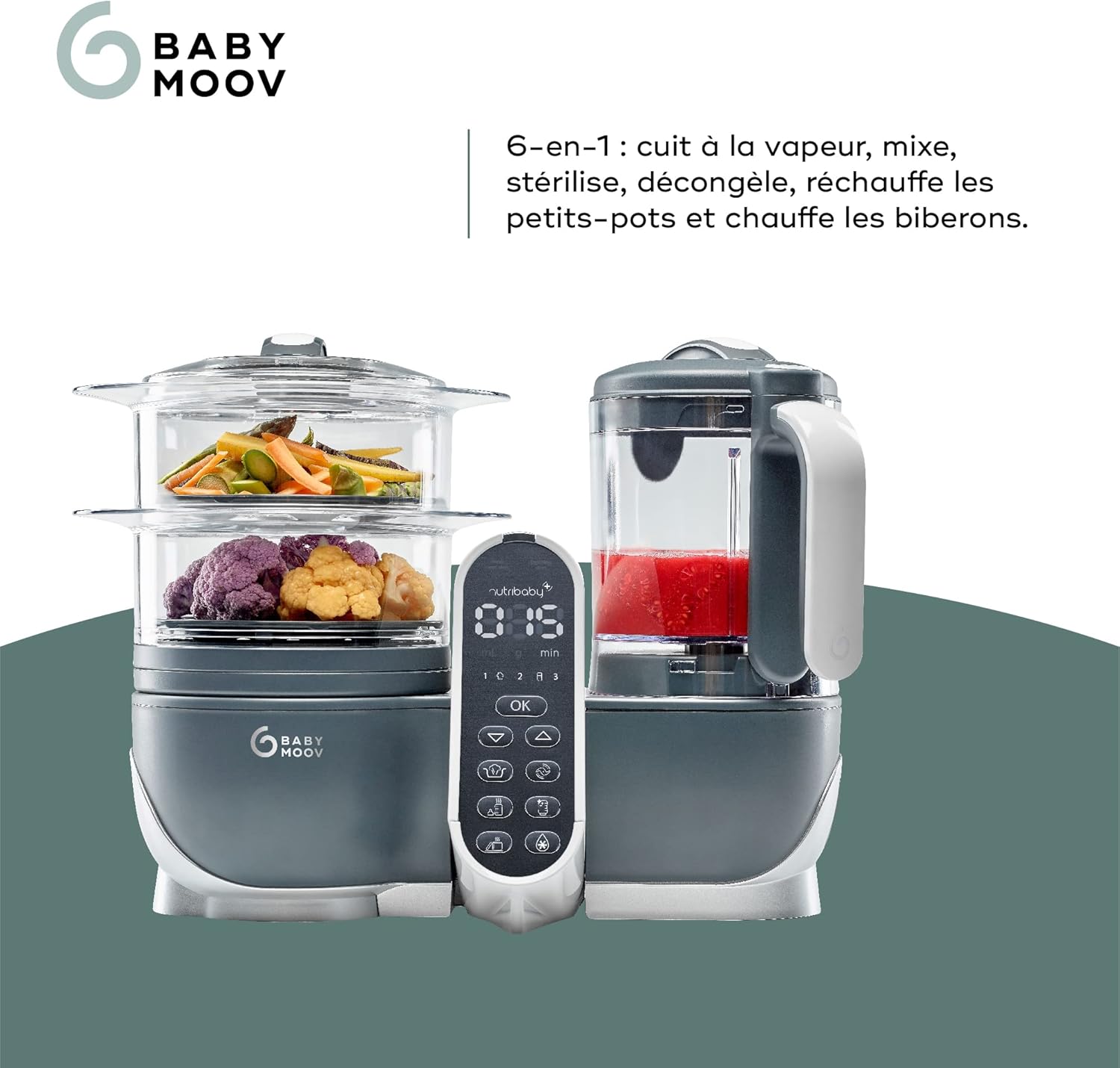 Babymoov Nutribaby(+) Robot Cuiseur Bébé 6 en 1 – 2,2L, Vapeur & Mixeur – Gris