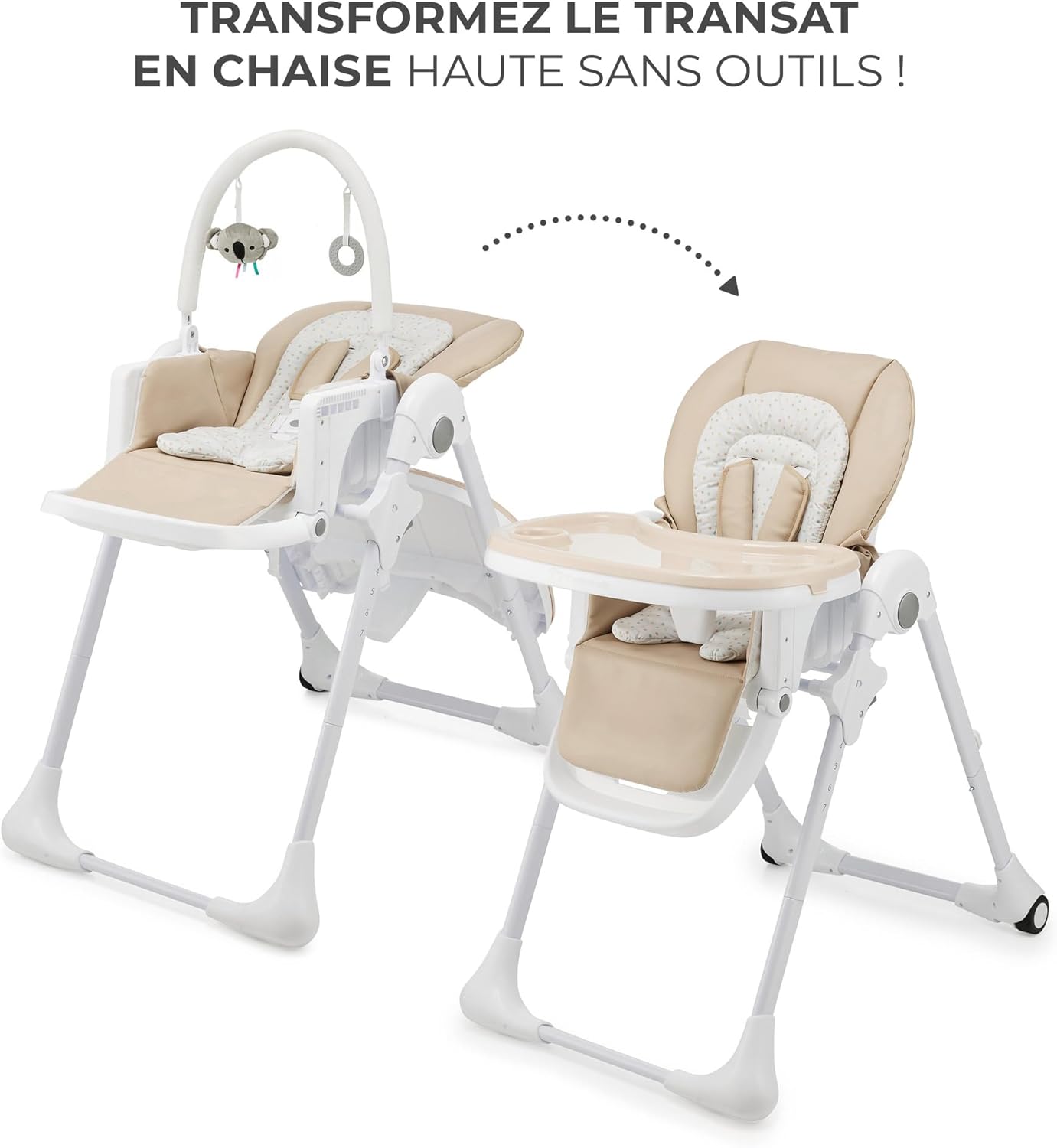 Kinderkraft TUMMIE Chaise Haute Bébé 2 en 1 Inclinable avec Jouets – Beige