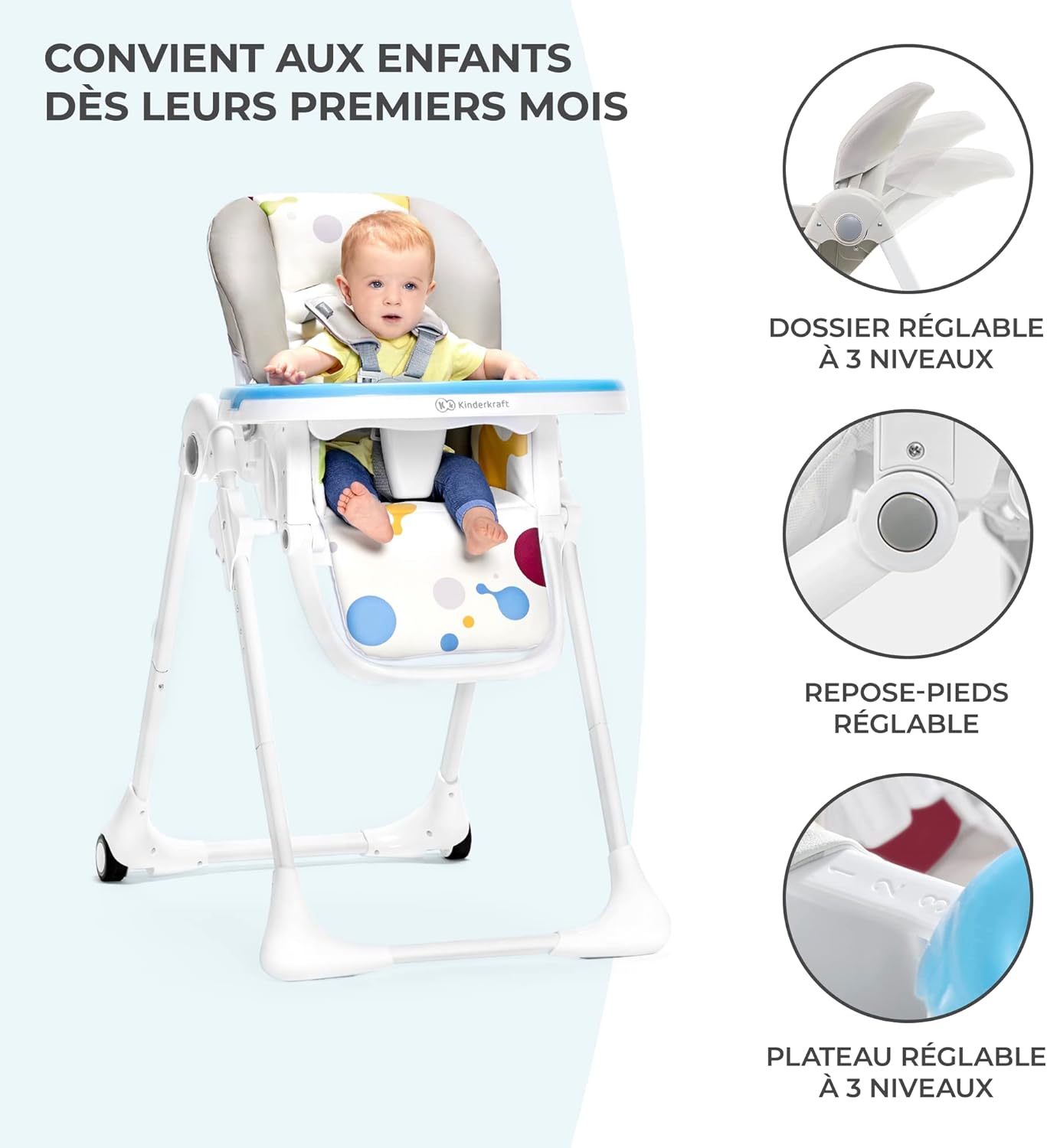 Kinderkraft YUMMY Chaise Haute Bébé Réglable avec Plateau et Repose-Pieds – Gris, jusqu’à 15 kg