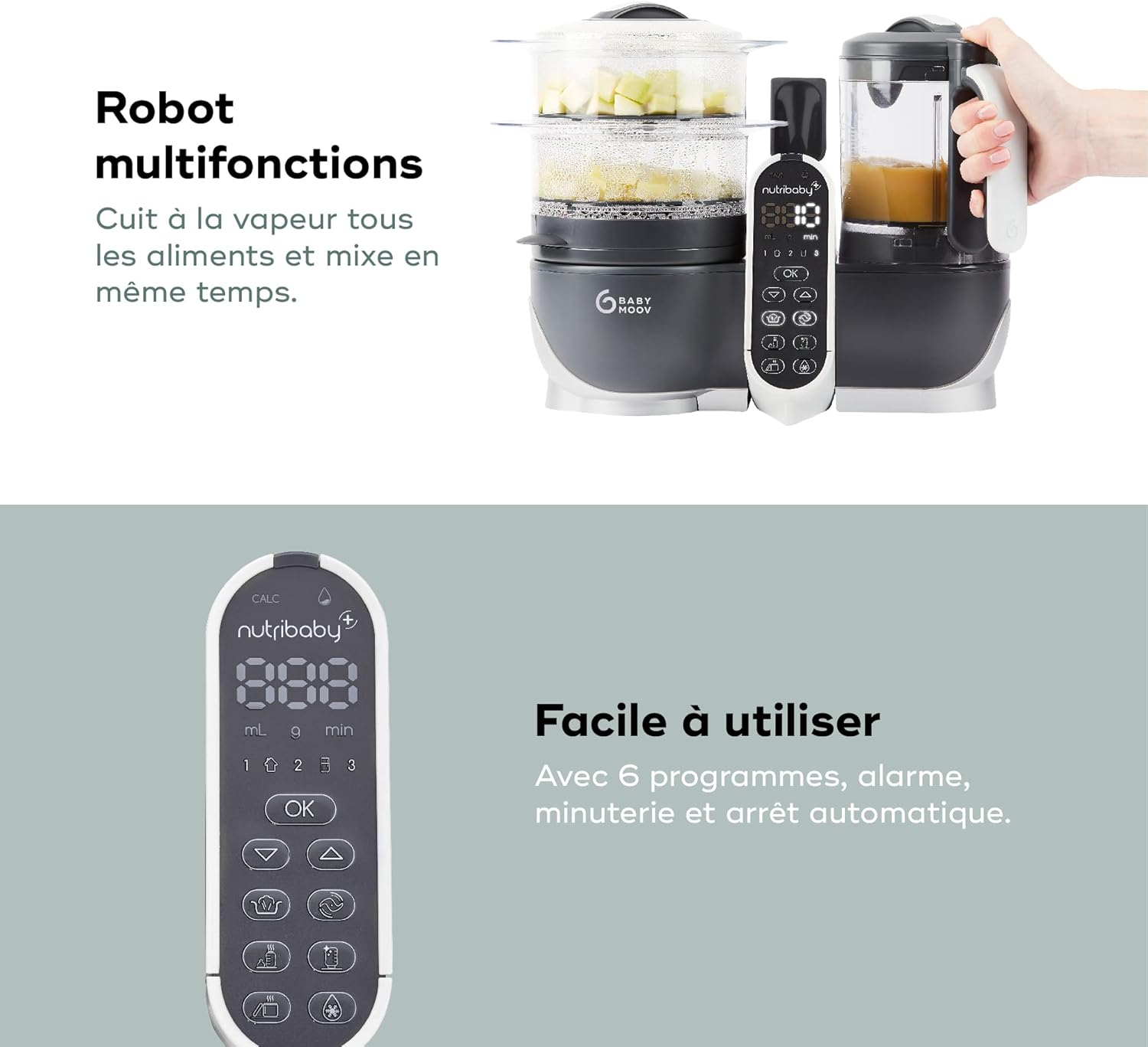Babymoov Nutribaby(+) Robot Cuiseur Bébé 6 en 1 – 2,2L, Vapeur & Mixeur – Gris