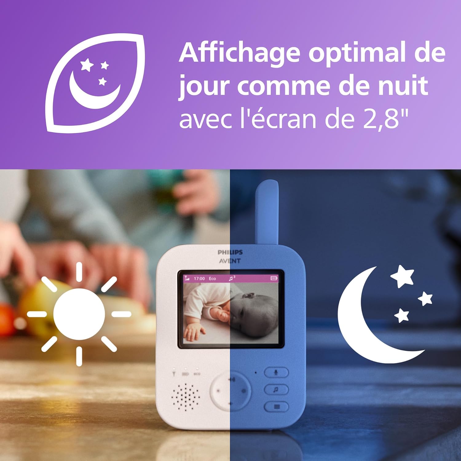 Philips Avent Babyphone Vidéo 2.8" avec Caméra, Vision Nocturne & Audio Bidirectionnel – SCD881/26