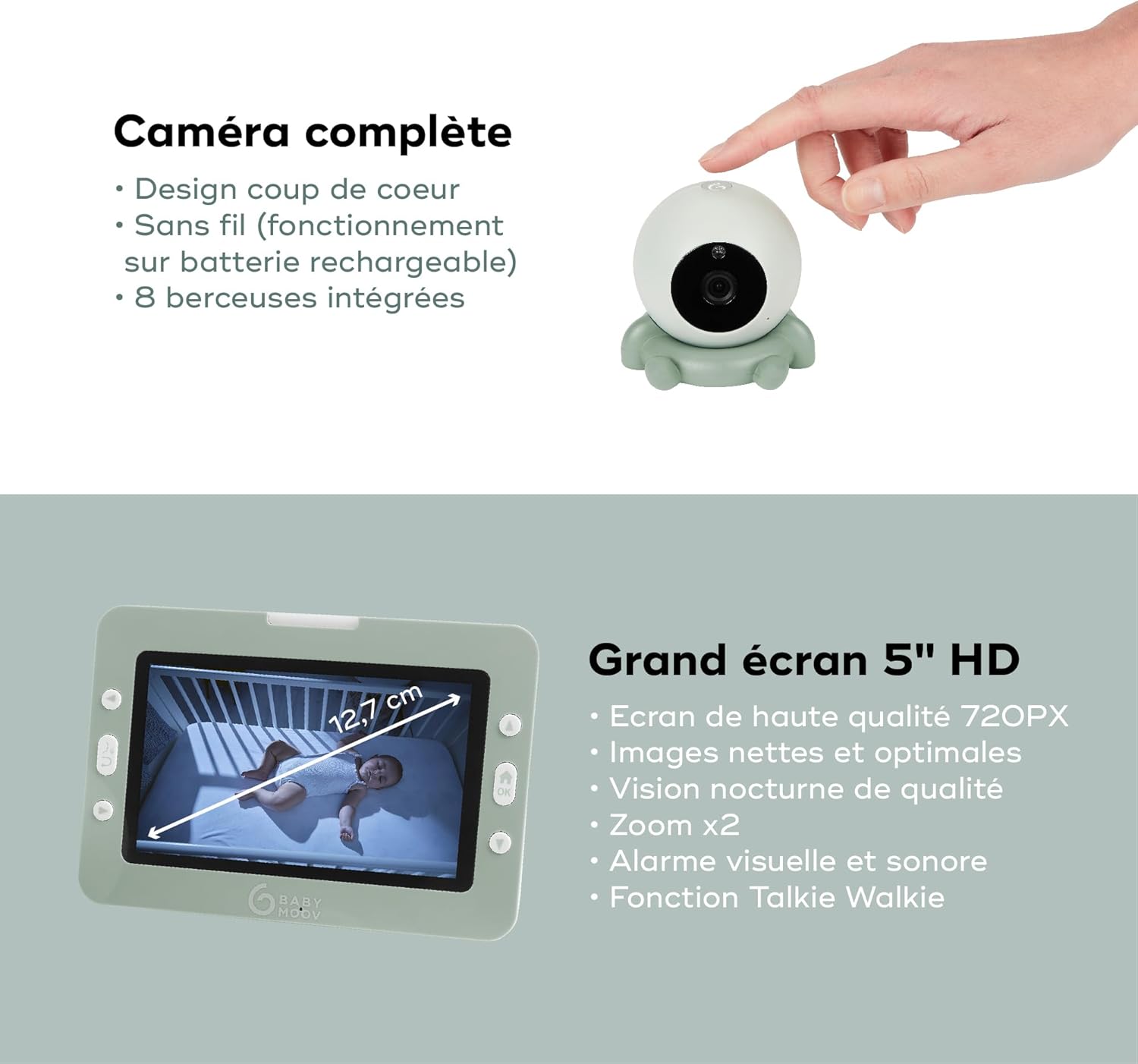 Babymoov Yoo Go+ Babyphone Vidéo 5" HD, Autonomie 8h & Berceuses – Caméra avec Supports