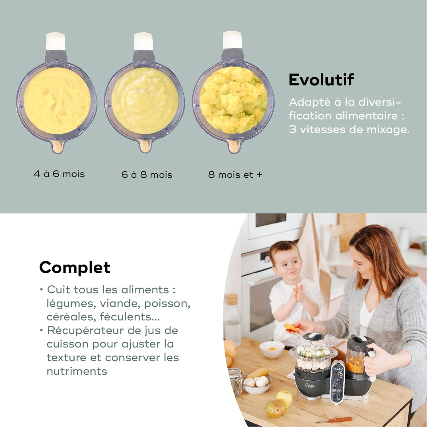 Babymoov Nutribaby(+) Robot Cuiseur Bébé 6 en 1 – 2,2L, Vapeur & Mixeur – Gris