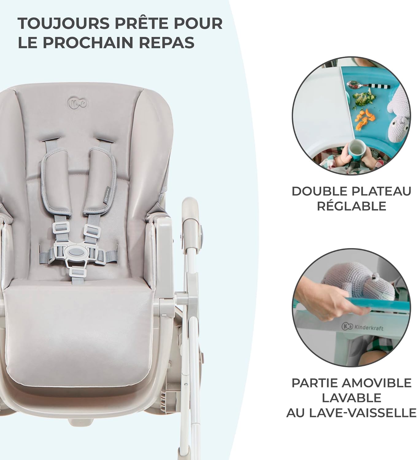 Kinderkraft YUMMY Chaise Haute Bébé Réglable avec Plateau et Repose-Pieds – Gris, jusqu’à 15 kg