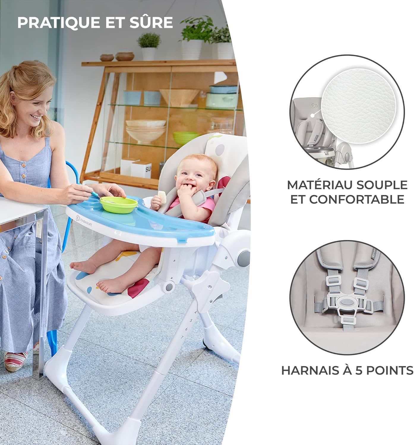 Kinderkraft YUMMY Chaise Haute Bébé Réglable avec Plateau et Repose-Pieds – Gris, jusqu’à 15 kg