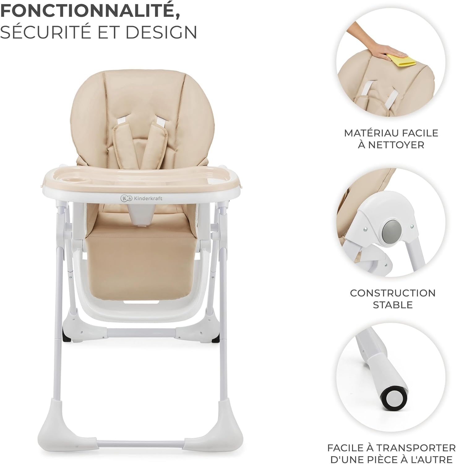 Kinderkraft TUMMIE Chaise Haute Bébé 2 en 1 Inclinable avec Jouets – Beige